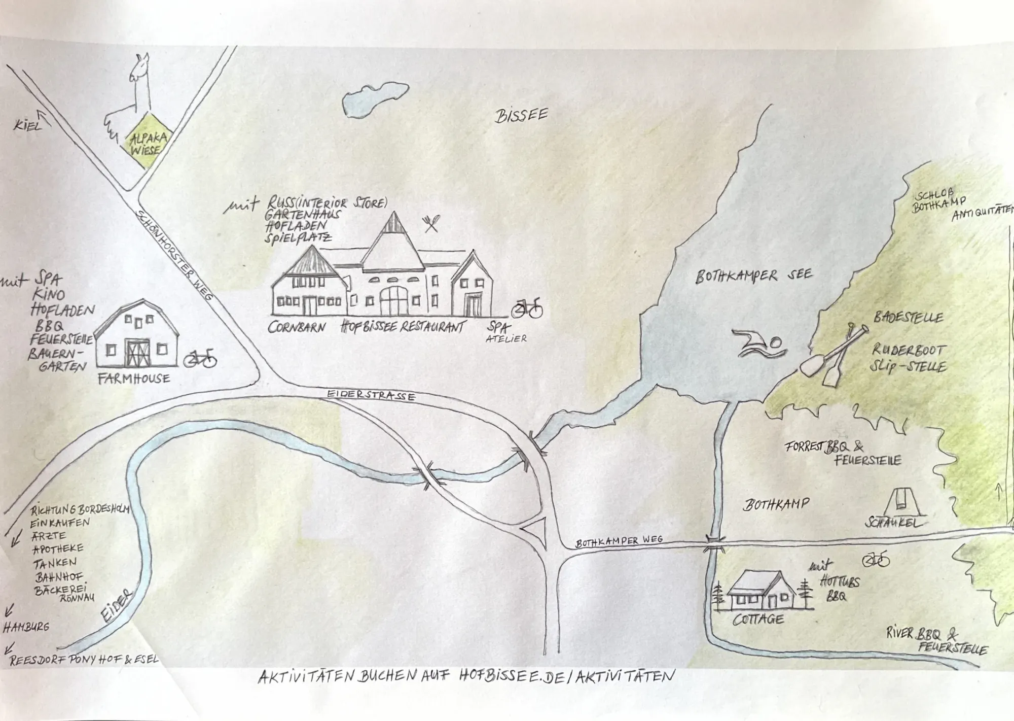 Handgezeichneter Plan: Hof Bissee mit Corn Barn, Restaurant und Spa an der Eiderstraße, das Farmhouse am Schönhorster Weg, das Cottage in Bothkamp am Bothkamper See
